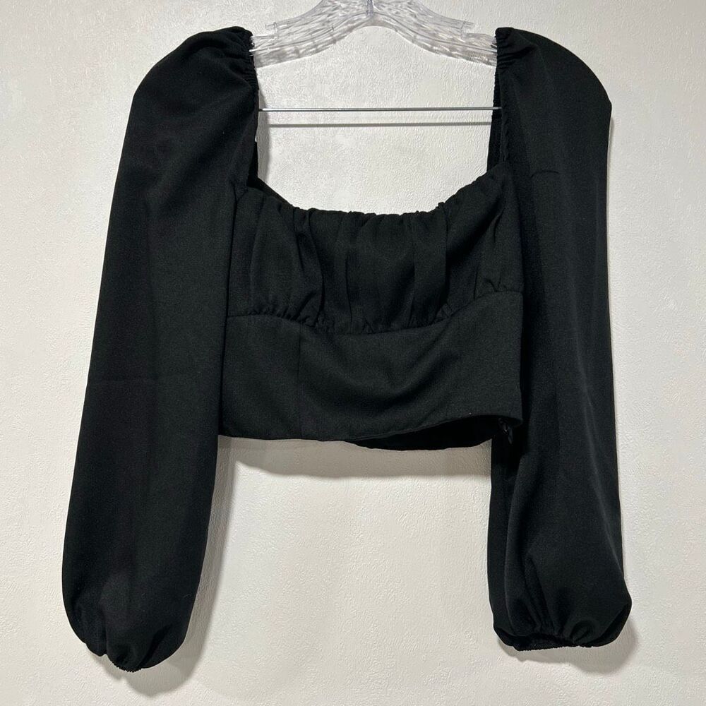 Princess Polly Black Puff Sleeve Crop Top US 4 Square Neck Long Sleeve